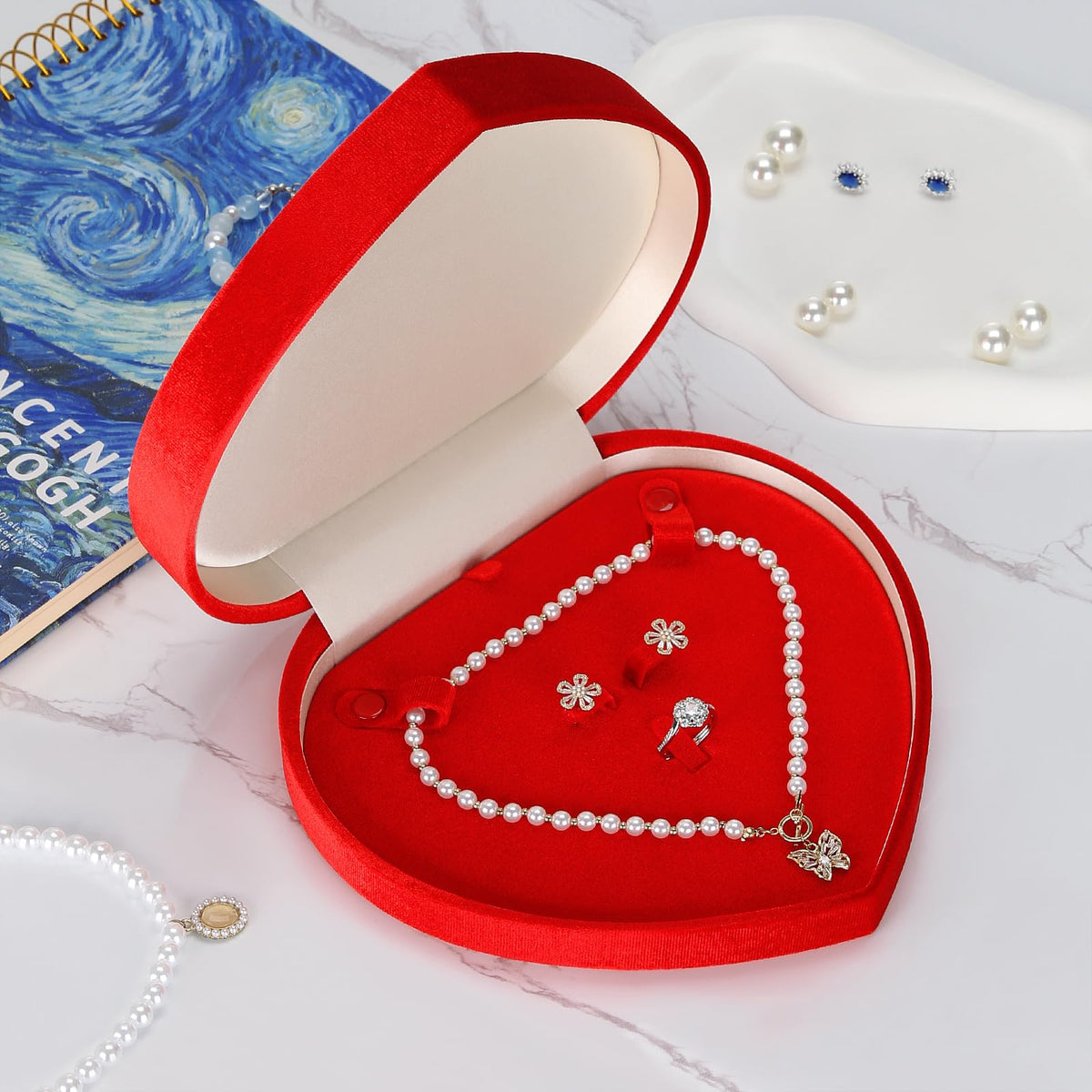LETURE Large Jewelry Set Gift Box, Heart-Shaped Velvet Necklace Ring Earring Pearl Storage Organizer Holder Box (RED)