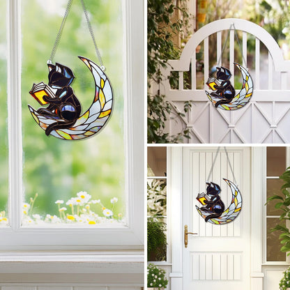 EOBROMD Stained Glass Window Hanging Suncatcher, Black Cat and Moon Double Side Glass Panel Sun Catchers, Handmade Decor Birthday Gifts for Women, Men, Mom, Couples and Lovers 7.8x7.8 inch