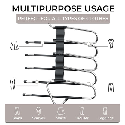 MORALVE Pants Hangers Space Saving - 2 Pack - Non-Slip Multi-Layer Space Saving Hangers - Multifunctional Clothing Rack for Closet Storage - Ideal for Jeans, Trousers, Skirts, Scarves & Slacks (Black)