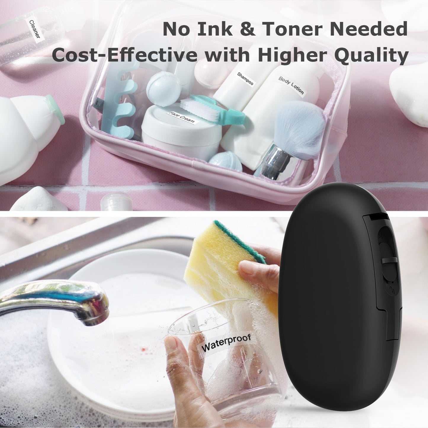 SUPVAN E10 Mini Bluetooth Label Maker Machine with Tape, Continuous Waterproof Label, Versatile App with 40+ Fonts and 600+ Icons, Inkless Labeler for Home, Kitchen, School, Office Organization, Black