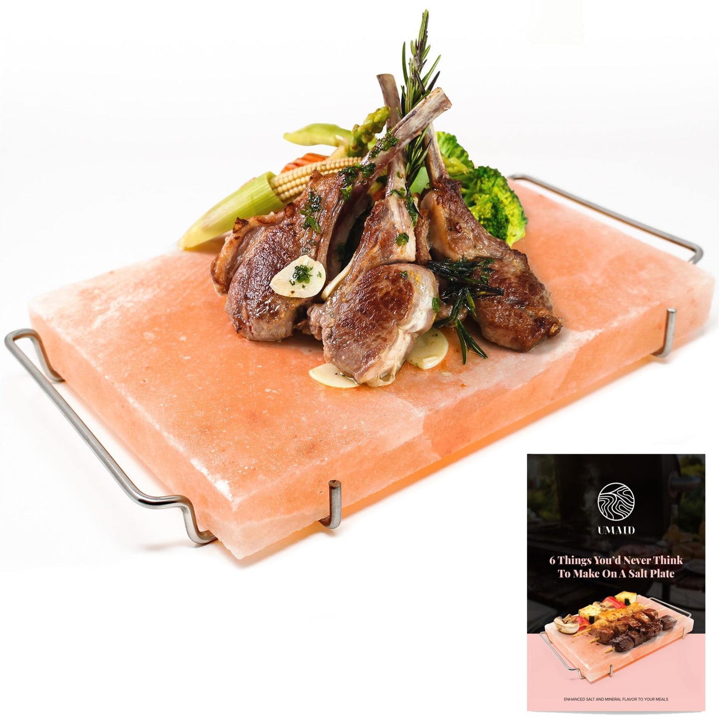 UMAID Himalayan Salt Block Cooking Plate 12x8x1.5 – Food Grade Pink Himalayan Salt Stone for Cooking, Grilling, Serving & Food Presentation – Includes Stainless Steel Tray & Recipe Booklet – Unique Gifts for Men & Dad Gifts for Fathers Day