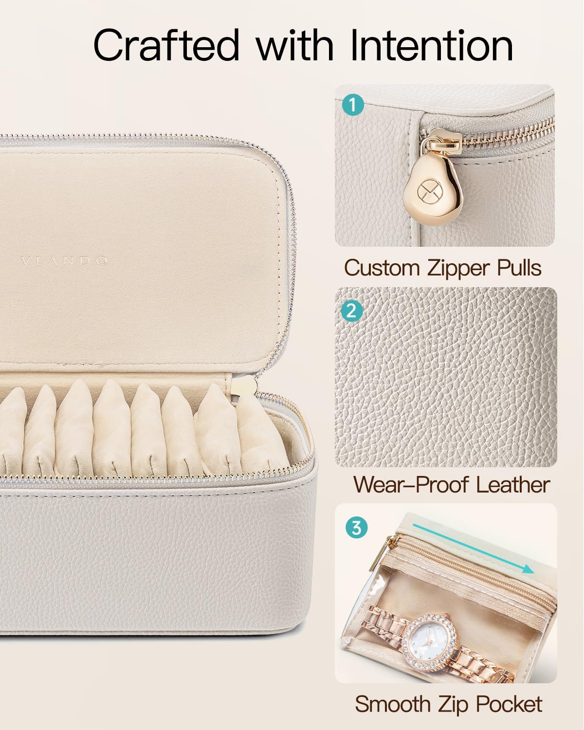 VLANDO Travel Jewelry Case,Jewelry Box with 12 Velvet Jewelry Pouch Jewelry Travel Organizer for Mothers Day Mom Gifts, Jewelry Case Necklace Rings Earrings Bags Wedding Gifts (White)