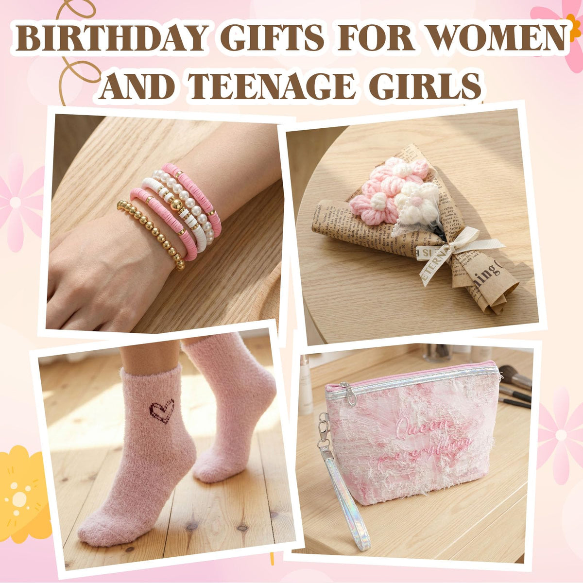 MUGIQUE Birthday Gifts for Women, Birthday Gift Basket with Glass Cup, Happy Birthday Gift Box for Women Teen Girl, Gifts for Sister Daughter Best Friend, Self Care Gift Set,Pink Floral