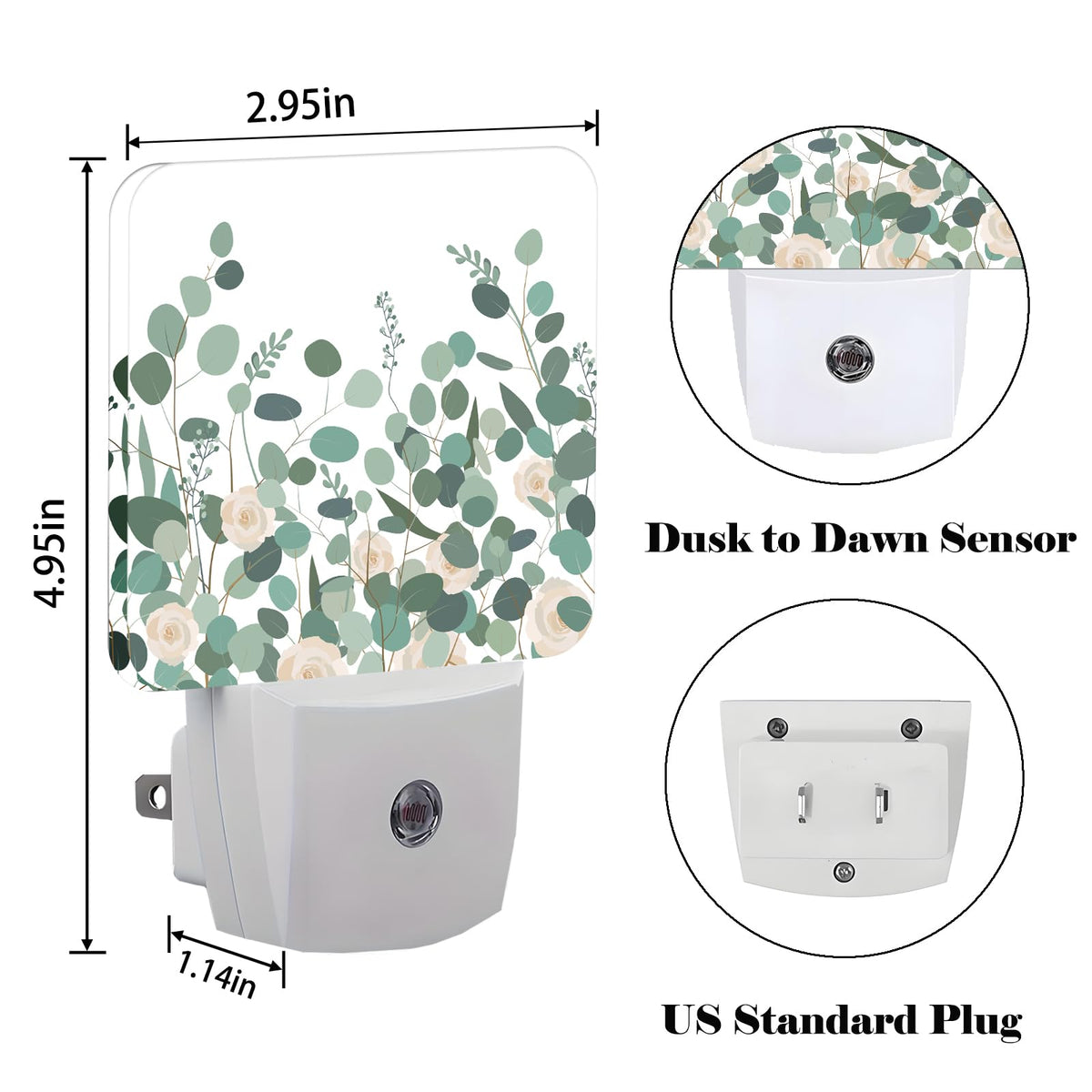 FSHVQKD Eucalyptus Branches and Roses Night Light,Plug-in Nightlights Auto Sensor Night Lamp Dusk to Dawn Lamp Home Decor for Nursery Children Girls Boys