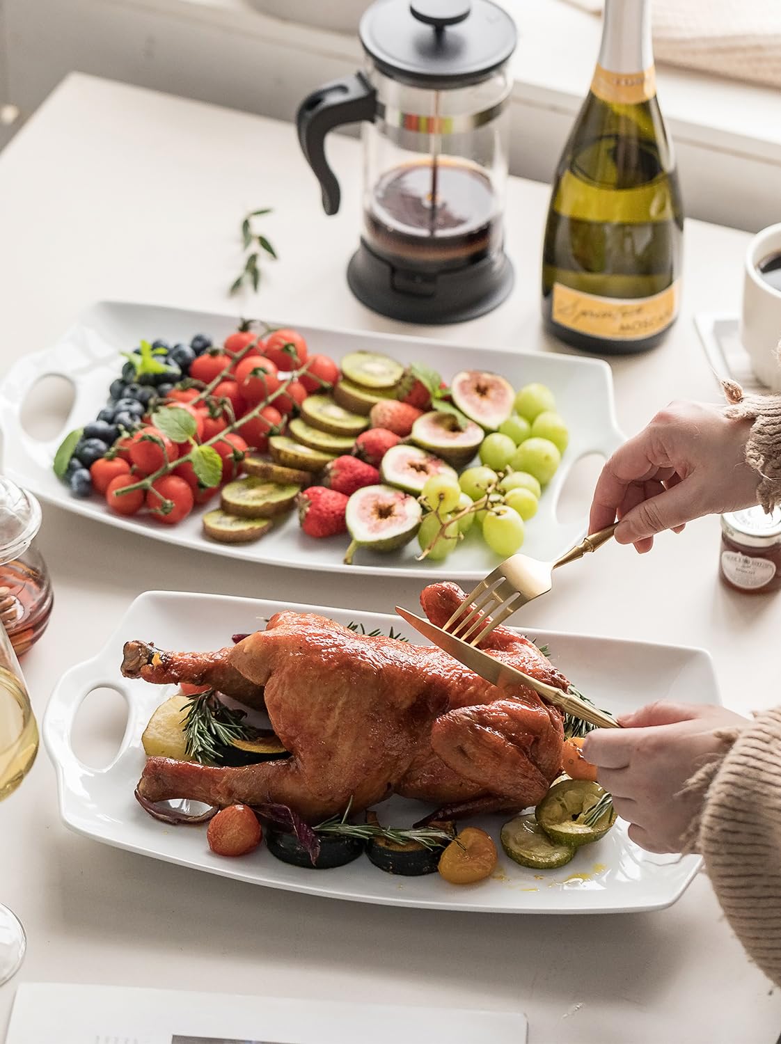 Turkey Serving Platter for Entertainment, Thanksgiving, Turkey, Serving Tray with Handles Large, Party, Display, LYEOBOH 16 inch Rectangle Porcelain Platters Set of 2, White