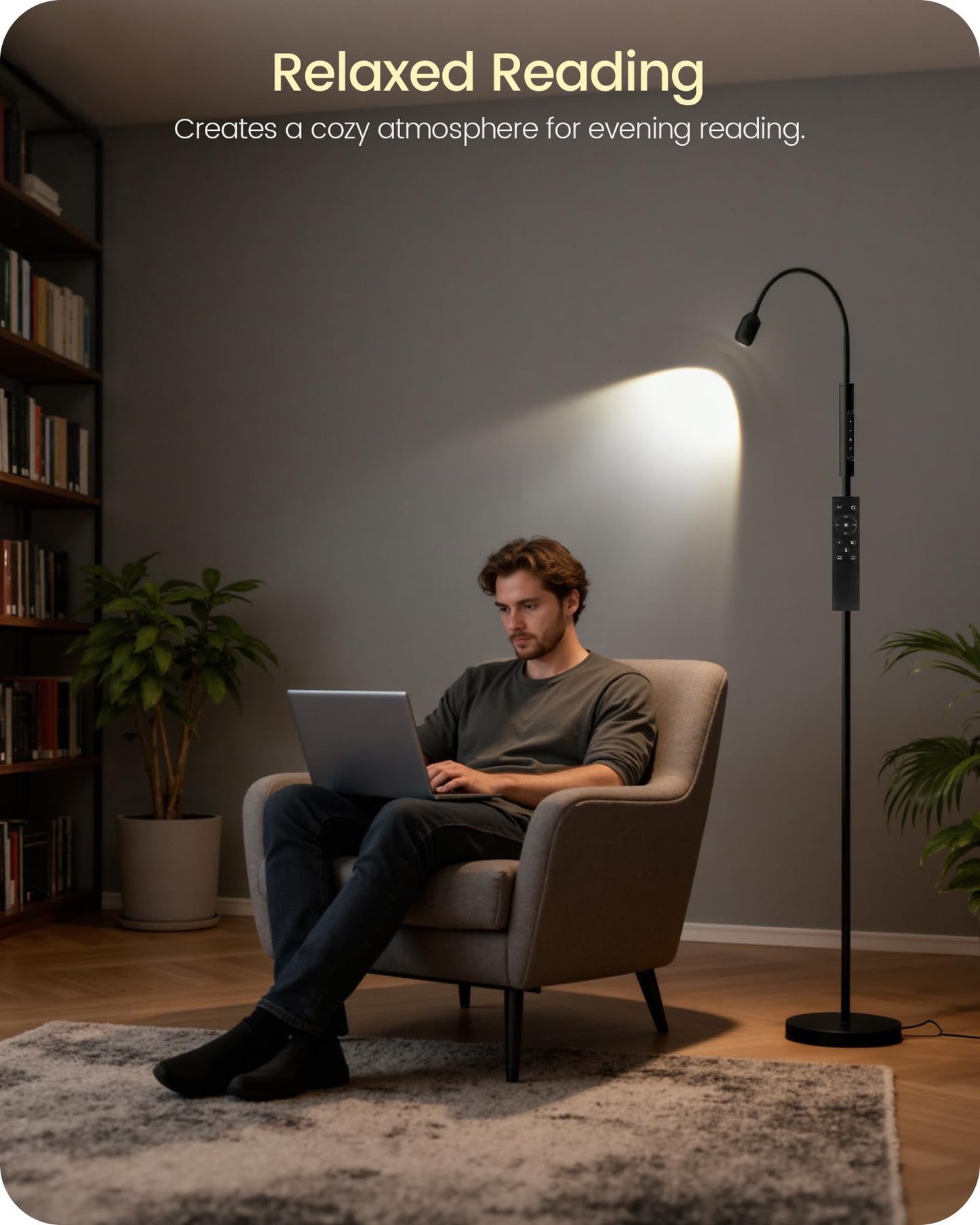 GOEBLESON Reading Floor Lamp, 74.2" Tall LED Lamp, with 360° Flexible Gooseneck & Touch & Remote Control, Ajustable Color & Beam, Crafts Standing Lamp, for Reading, Task Craft, Living, Black WB16LD05