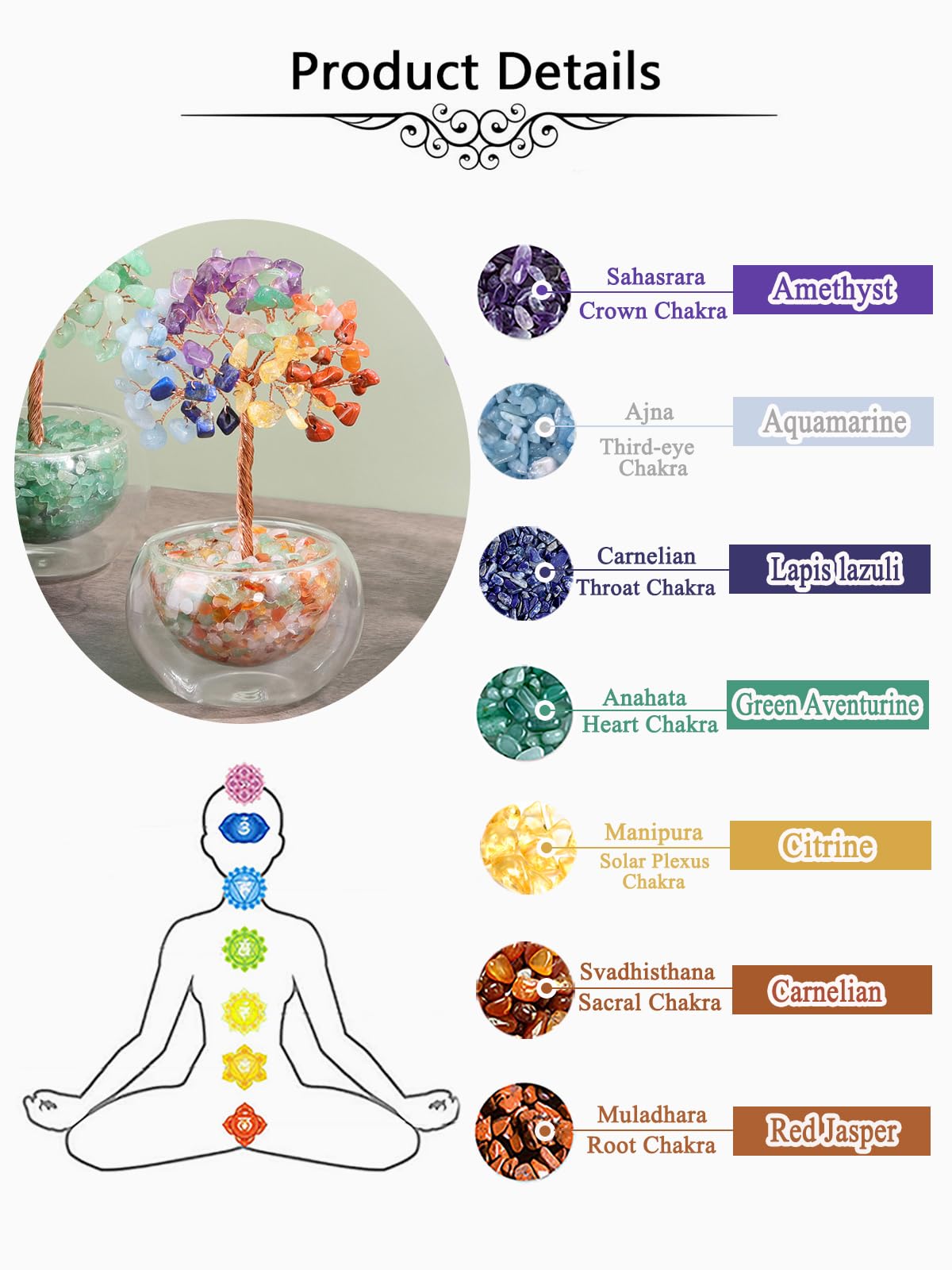 Jovivi 7 Chakra Crystal Trees Hollow Glass Base,4.72"-5.12" Natural Gemstone Healing Crystals Tree of Life Bonsai Money Tree for Home Office Table Decor Wealth and Luck