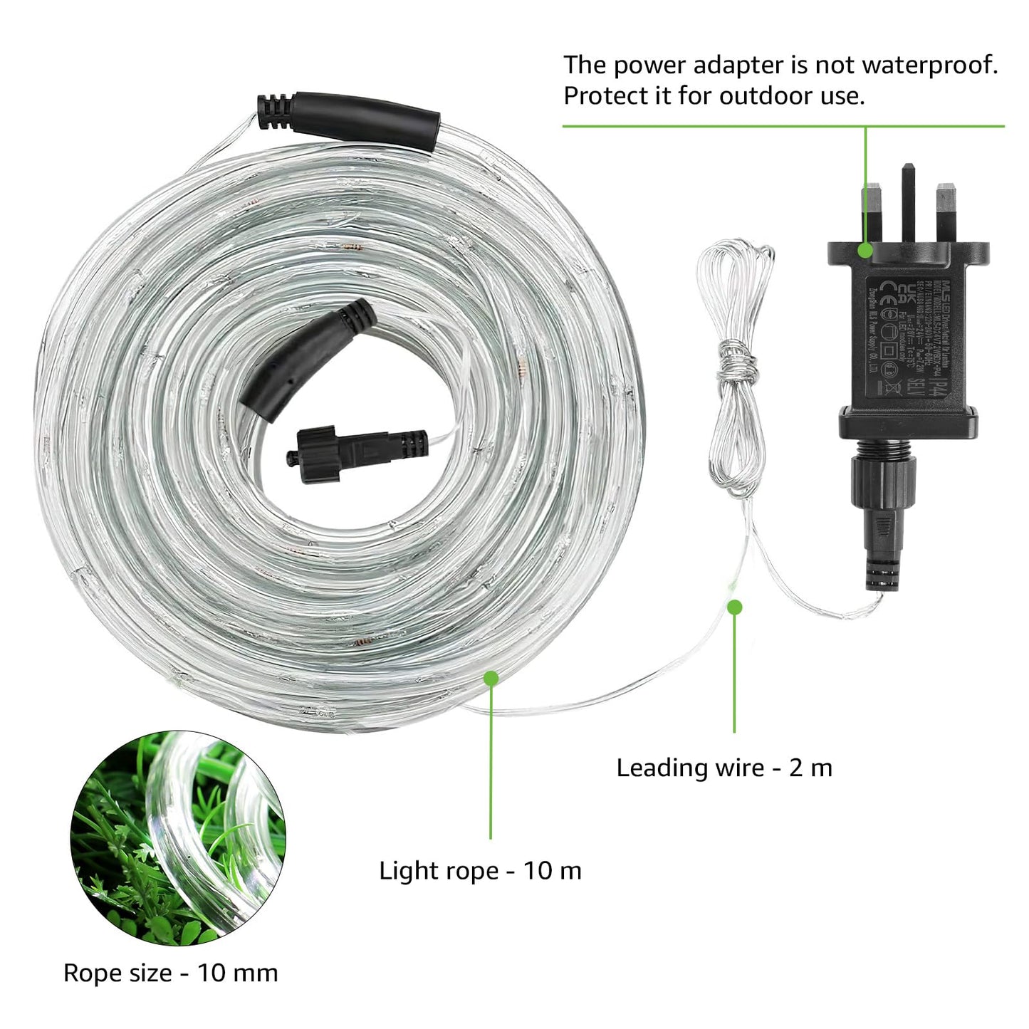 Lepro Outdoor Rope Lights Mains Powered, Connectable, 10m/33ft 240 LED Outdoor Garden Lights Plug in, Bright Cool White, Waterproof 10mm Thick Rope Lighting for Garden, Patio, Tree, Pathway, Christmas