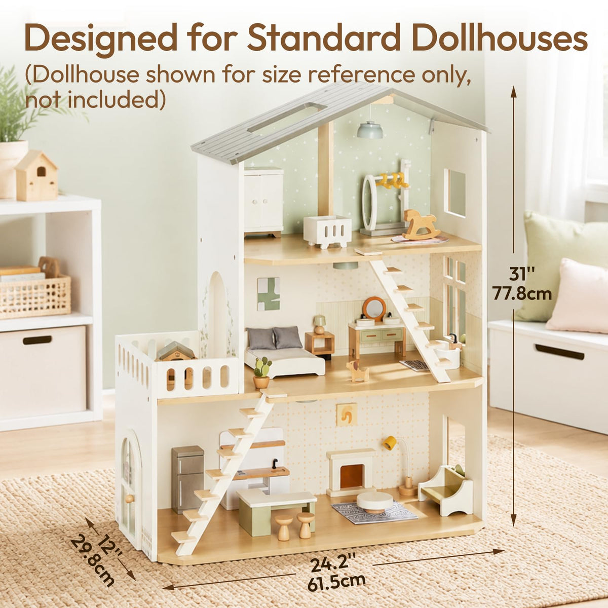 Giant bean 33 PCS Wooden Dollhouse Furniture Set, Modern Doll House Accessories with Bedroom, Kitchen, Bathroom, Nursery & Living Room, Montessori Pretend Play Toys for Kids Girls Boys Age 3+