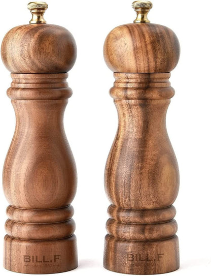 Bill.F Salt and Pepper Grinder Set, Wood Pepper Mill Set of 2 Manual Salt Pepper Shakers Grinder Refillable 7 Inch with Adjustable Ceramic Grinding Rotor