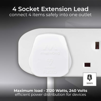 Masterplug Four Socket Extension Lead, Unswitched, 5 Metre Cable, 4-Way Plug Extension Cable, Power Strip, Basic Power, White, 13A, 4G, 5m, BFG5N