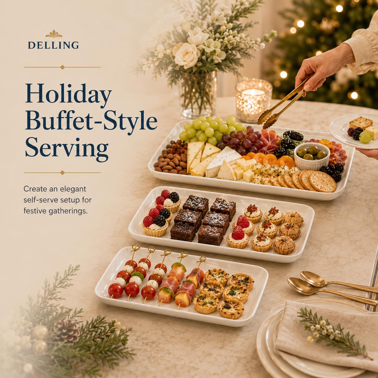 DELLING Large Serving Platter Set of 3, 16/14/12 Inch Porcelain Serving Trays for Party - White Ceramic Rectangular Platters for Entertaining, Appetizer Fruit Tray for Father's Day Shower Dinner