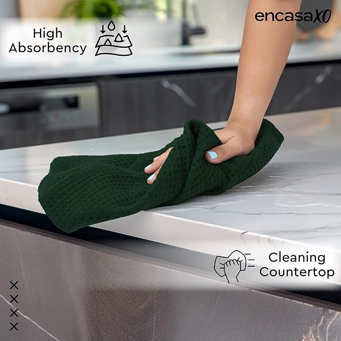 Encasa XO Kitchen Dish Towels Set | Dark Green | Waffle Weave and Flat Hand Tea