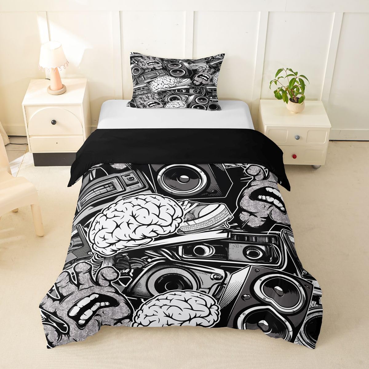 Feelyou Graffiti Bedding Set for Teens Boys King Rock Music Theme Duvet Cover Set Hip Hop Comforter Cover Set Kids Teenage Street Art Quilt Cover Hippie Room Decor Bedding with 2 Pillow Shams (3Pcs)