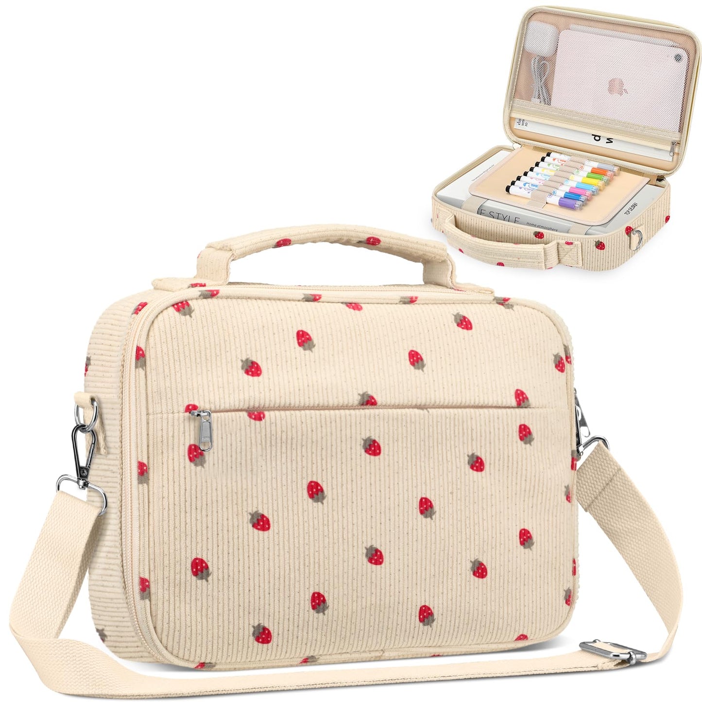 FINPAC Large Bible Cover w/Shoulder Strap, Carrying Book Case Church Bag Bible Protective w/Pen Slots and Zippered Pocket, Gift for Women Lady, Corduroy Strawberry