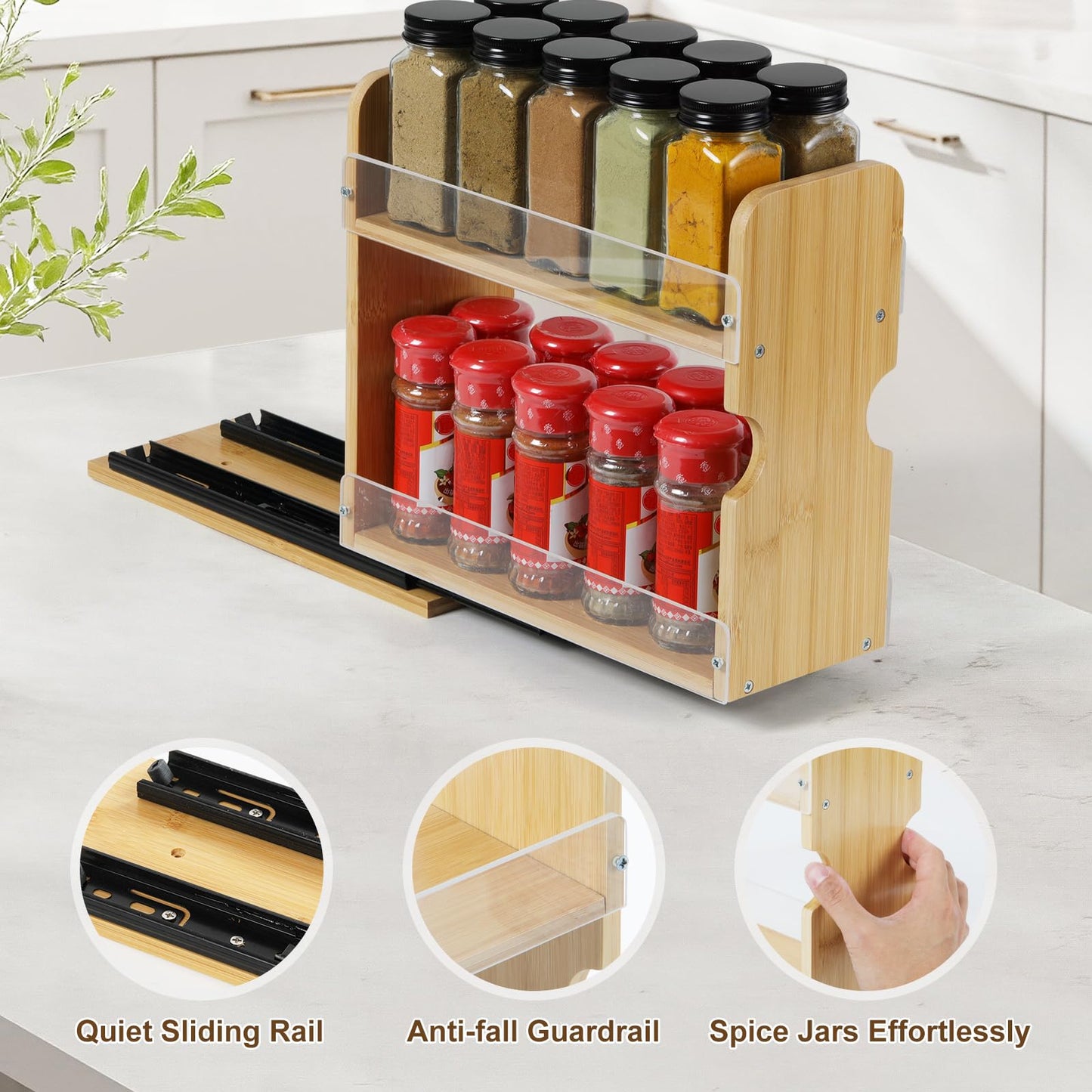 Memxike 2 Tier Pull Out Spice Rack Organizer, Bamboo Sliding Spice Rack for Kitchen Cabinet, (4.4" W x 10.6" D x 10.4" H) Spice Storage, Pantry Organization