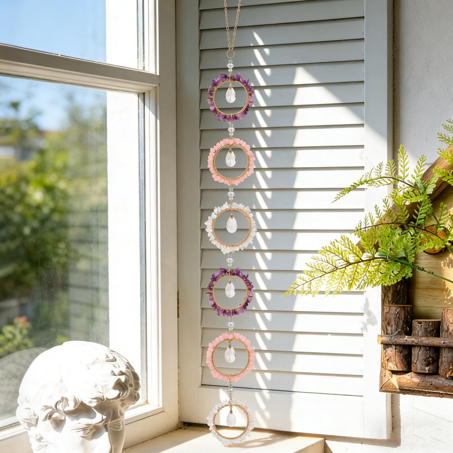 Pendlixy Emotional Healing Crystal Wall Decor Suncatcher, Amethyst Rose Quartz Clear Quartz Emotional Healing Hanging Crystals for Window, Stress Relief Gemstone Wall Hanging Gift