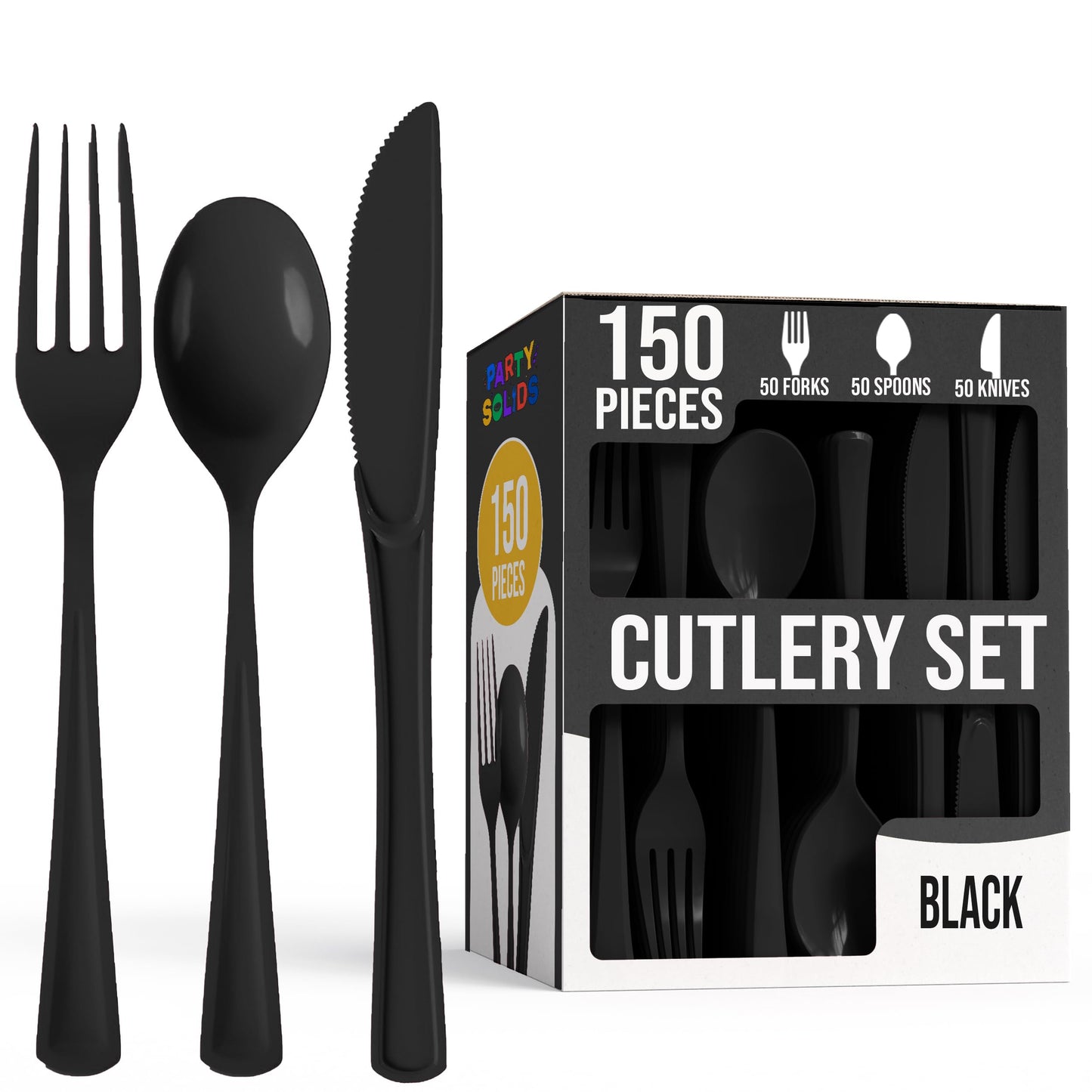 Party Solids Black Plastic Silverware Heavy Duty 150 Pieces Black Plastic Cutlery Sets, Utensil Sets, 50 Of Each Forks, Knives & Spoons Disposable Cutlery Set, Flatware Set For Party Supplies