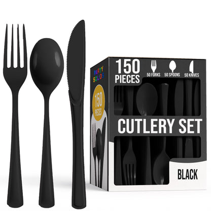 Party Solids Black Plastic Silverware Heavy Duty 150 Pieces Black Plastic Cutlery Sets, Utensil Sets, 50 Of Each Forks, Knives & Spoons Disposable Cutlery Set, Flatware Set For Party Supplies