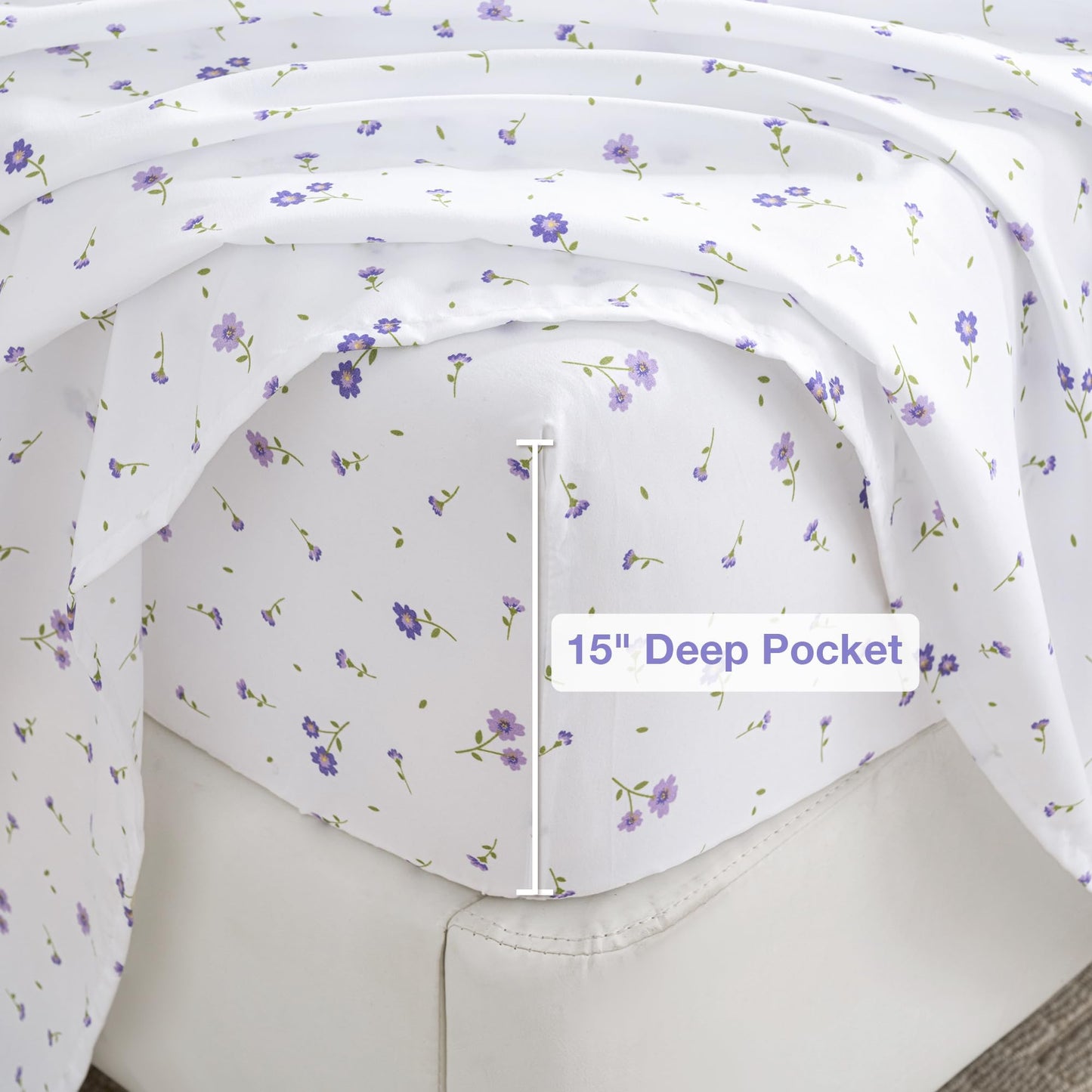 Softan Purple Floral King Bed Sheet Set, Cozy Microfiber Patterned Fitted Sheets with 15" Deep Pocket & Non-Slip Straps, Cute Purple Flower Printed Sheets & Pillowcase Set King