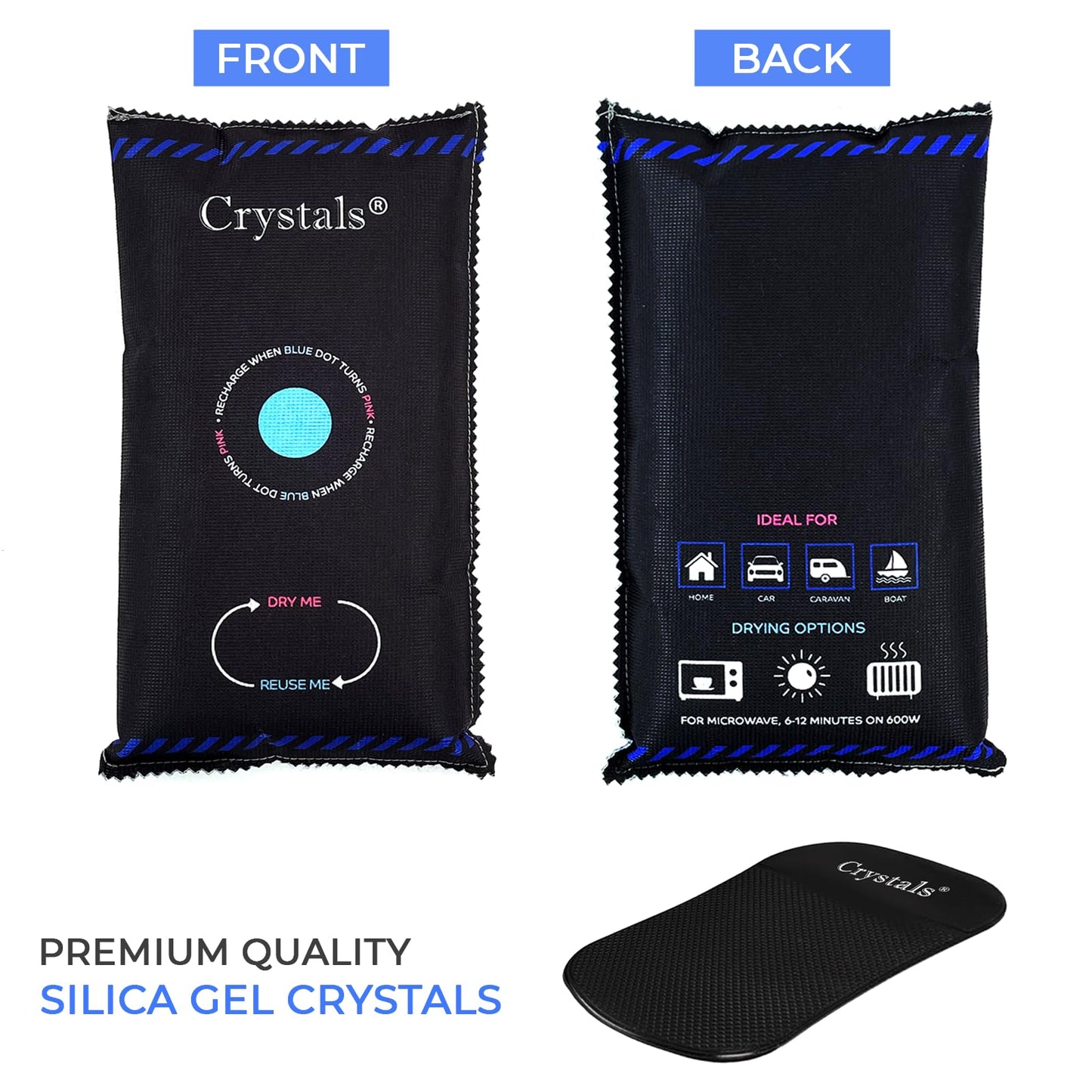 Crystals Pack of 2 x 1KG Reusable Car Dehumidifier, Van Car Caravan Home Moisture Absorber Bag with Anti Slip Pads, Moisture Condensation Absorber Damp Trap Keeps Windscreen Clear - Black