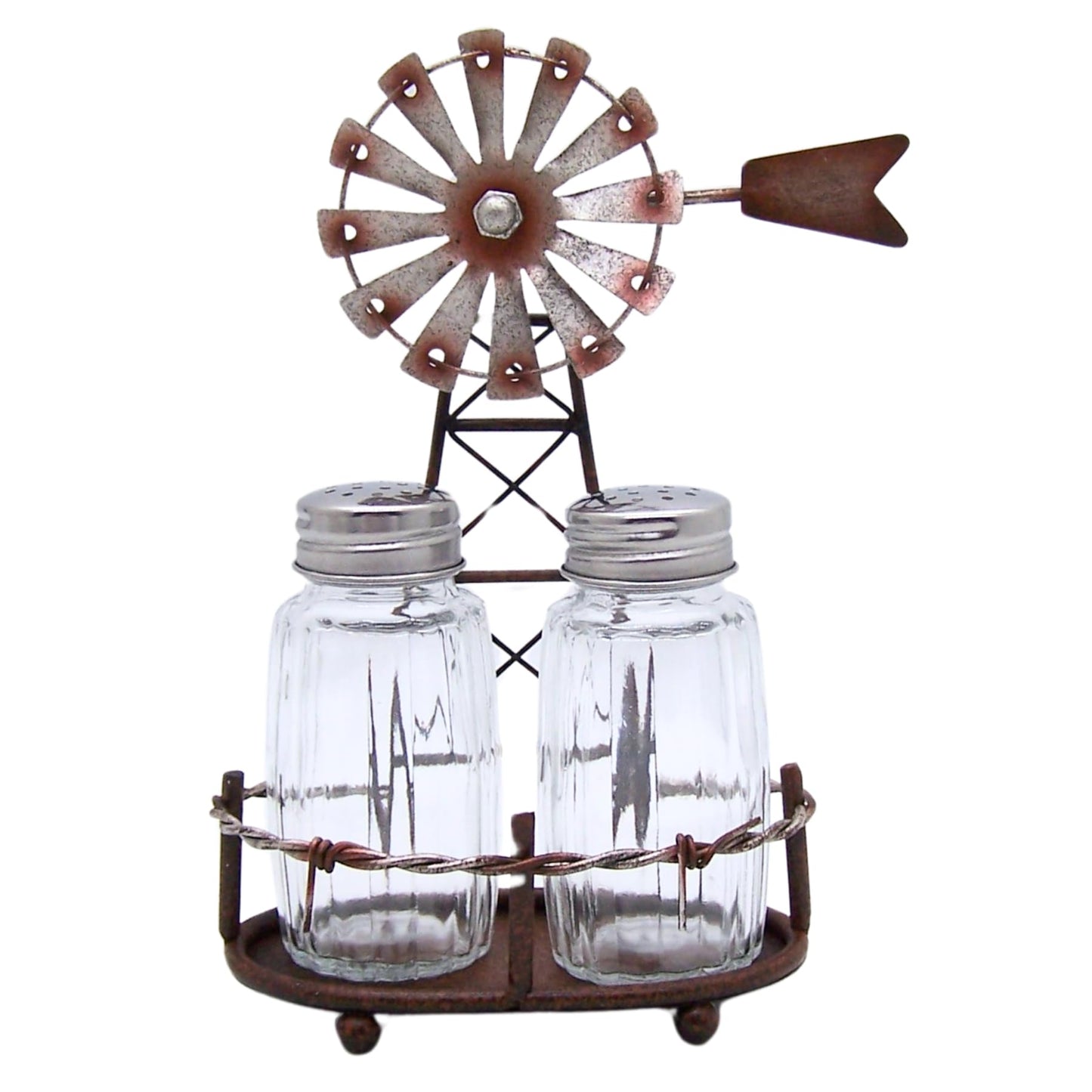 Windmill Salt and Pepper Set Holder, Unique Rustic Décor, Shakers Included, 6.5 Inches