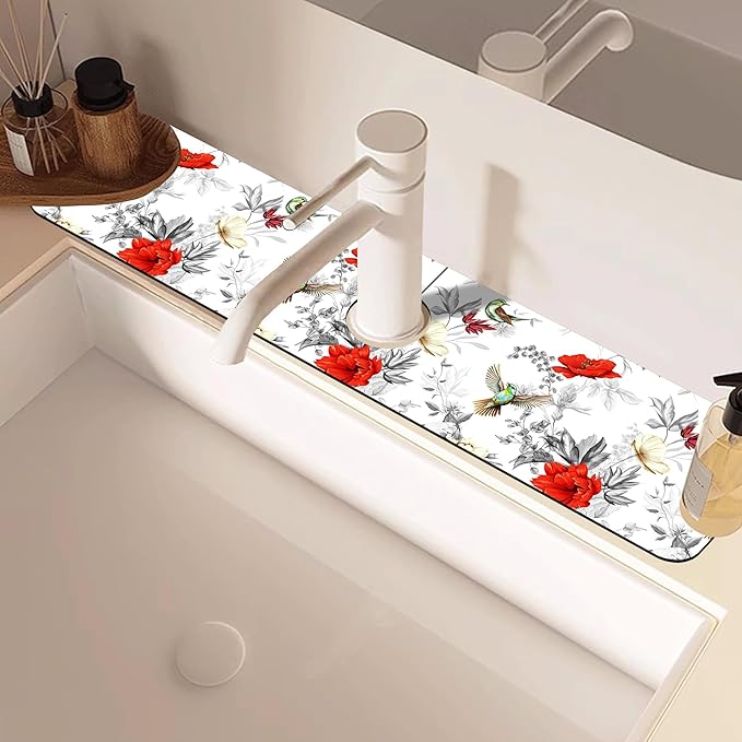 Poppy Wildflower Nightingale Sink Faucet Absorbing Mat Sink Splash Guard Faucet