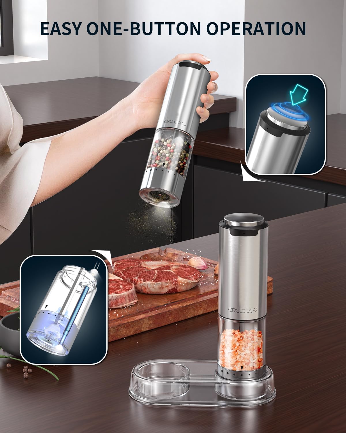 CIRCLE JOY Rechargeable Electric Salt and Pepper Grinder Set with Base, Stainless Steel Pepper Mills with Washable 95ml Container, White LED Light and External Adjustable Coarseness, Silver