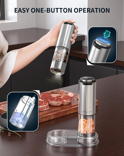 CIRCLE JOY Rechargeable Electric Salt and Pepper Grinder Set with Base, Stainless Steel Pepper Mills with Washable 95ml Container, White LED Light and External Adjustable Coarseness, Silver