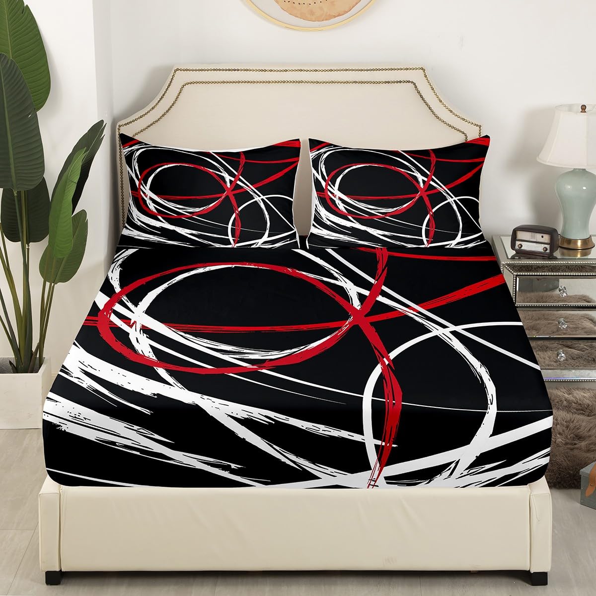 Kids Abstract Spiral Stripes Bed Sheet Set King Size,Modern Red Black White Bedding Set for Children Adult Bedroom Xmas Present,Geometric Circle Bedding (1 Fitted,1 Flat,2 Pillowcases), Microfiber