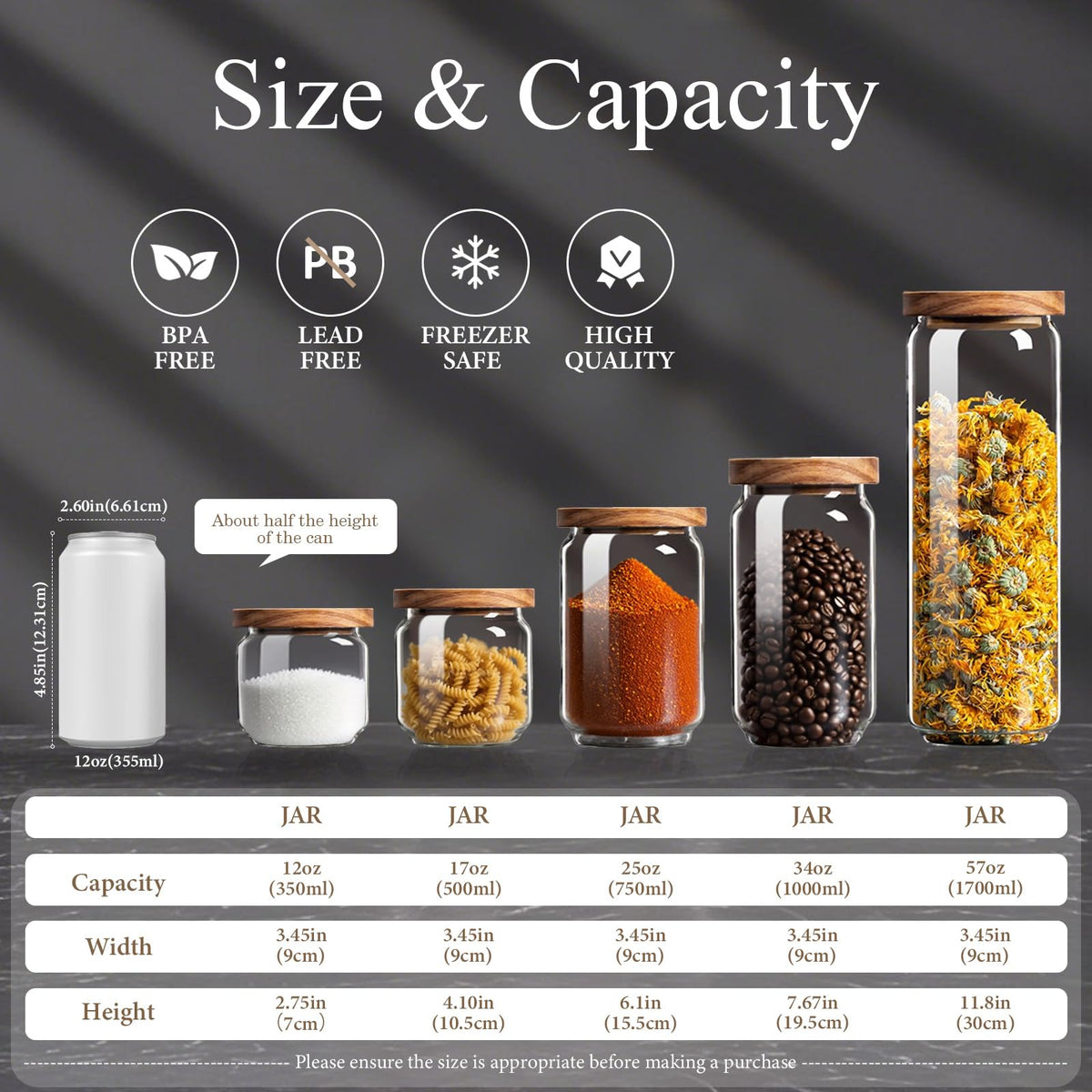 Glass Jars with Airtight Wood Lids - 17 oz Small Kitchen Pantry Storage Containers, Stackable Decorative Canisters for Chia Seed, Tea, Ground Coffee, Sugar, Spice, Salt, Matcha, Nuts, Q-Tip, Set of 2