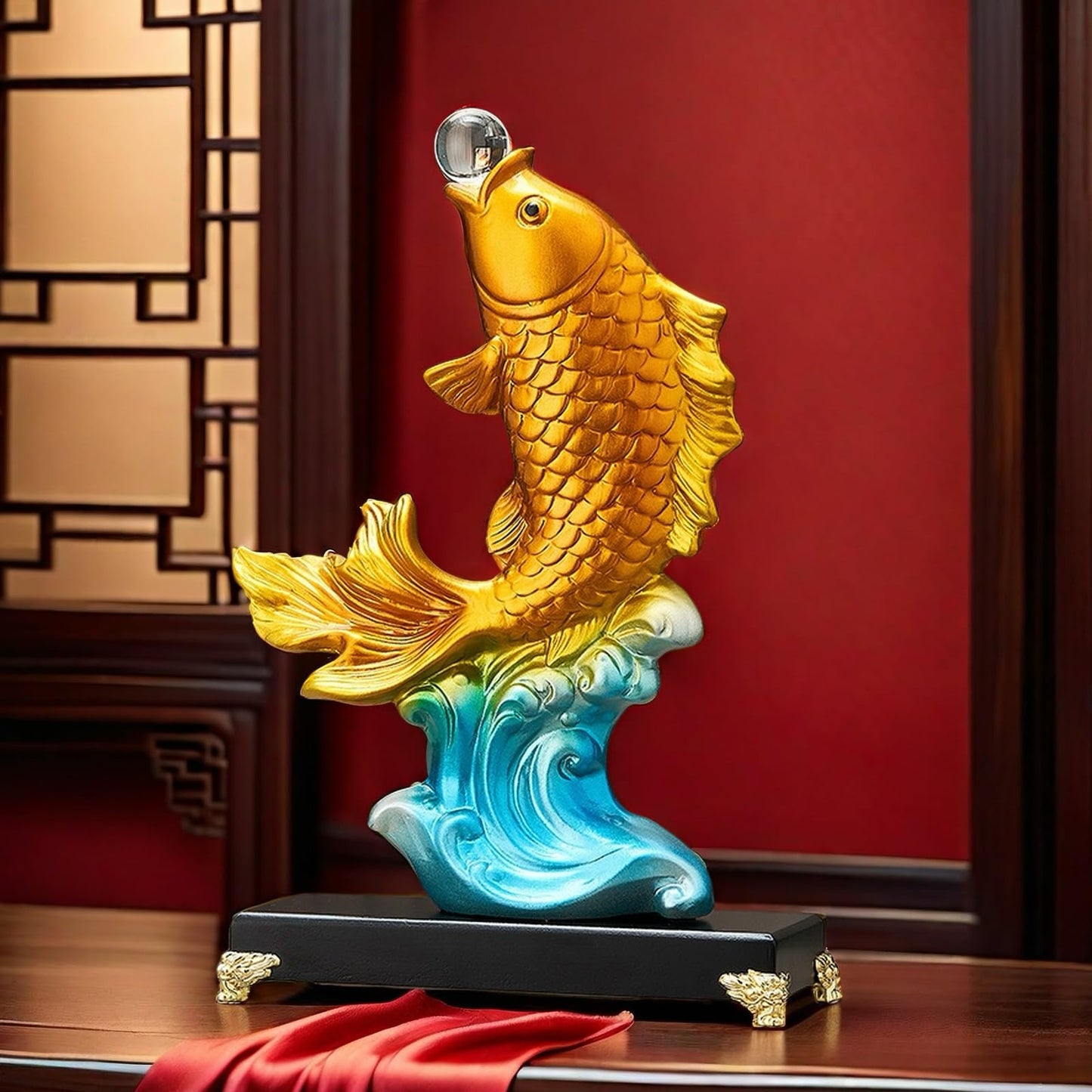 FUNSXBUG 13.3 Inch Large Chinese Feng Shui Fish Statue Sculpture Collectible Figurine Feng Shui Decor Home Office Decoration Tabletop Decor Ornaments Good Lucky Gifts (Gold)