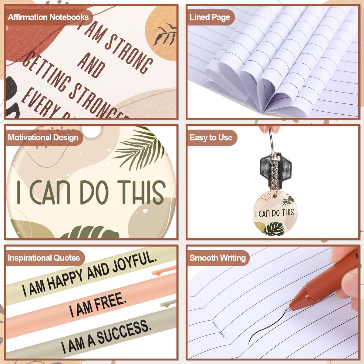 Mooliwe 72 Pcs/24 Set Positive Affirmation Gift Set Gratitude Notebooks with Pens Acrylic Keychains Small Bags Motivational Notepads for Women Coworkers Christmas Adults Party Favors (Boho)