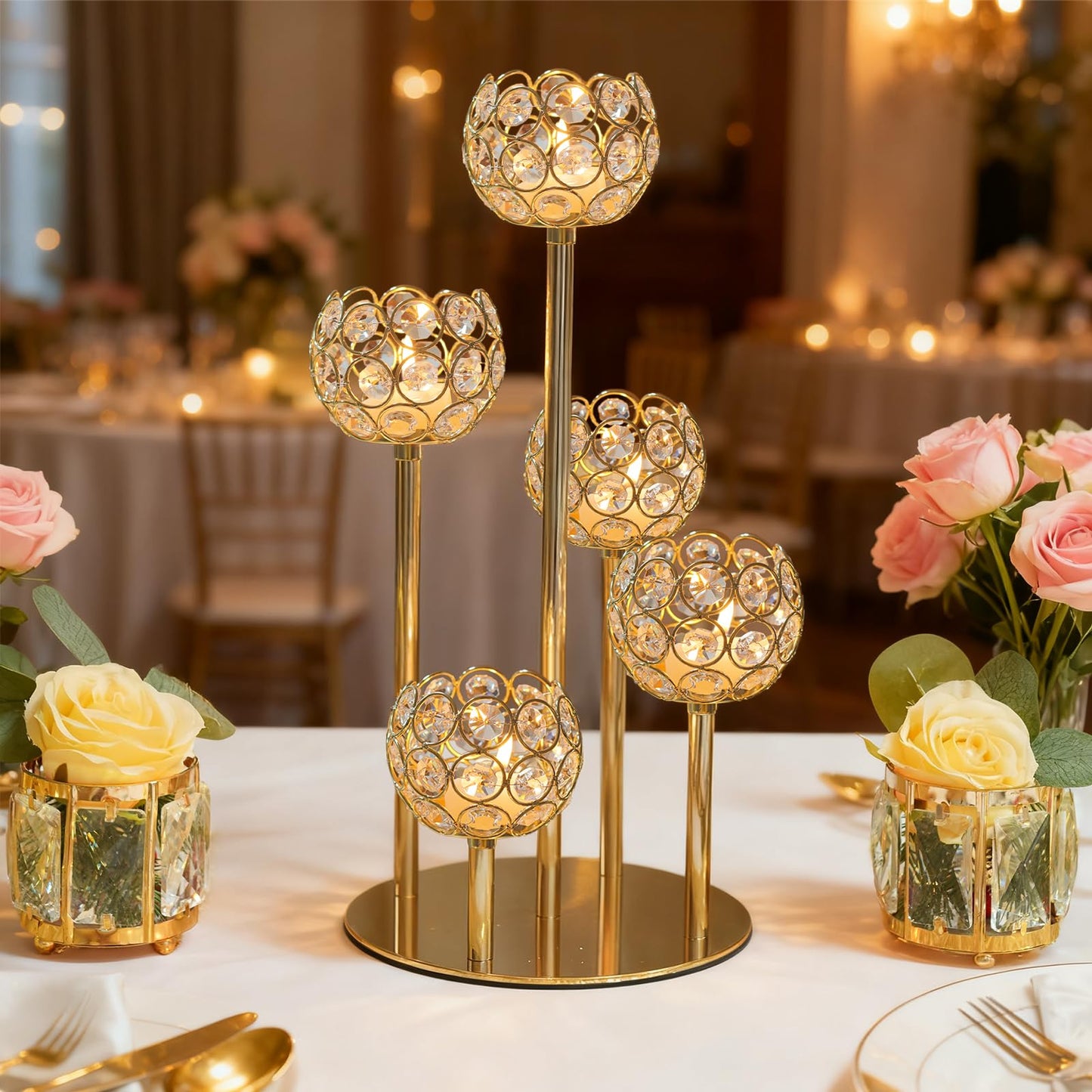 Kolnlala 5-Arm Crystal Tealight Candelabra Centerpiece, 14.8 Inch Metal Candle Holder for Table Decor, Wedding, Christmas, Party, Anniversary & Home Decoration (1, Gold, S-14.8 in)