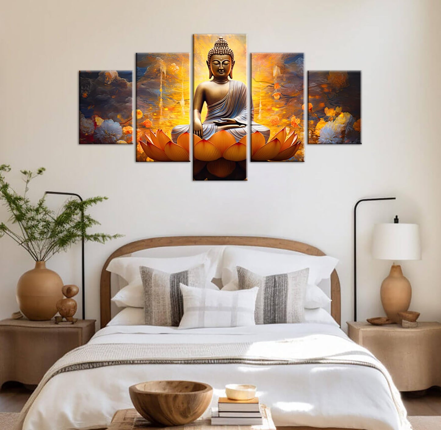 DJSYLIFE Gold Buddha Wall Art for Living Room Large 5 Piece Zen Photo Picture HD Canvas Print Paintings for Yoga Room Home Decor Modern Artwork Framed Ready to Hang Decorations (60" W x 32" H)