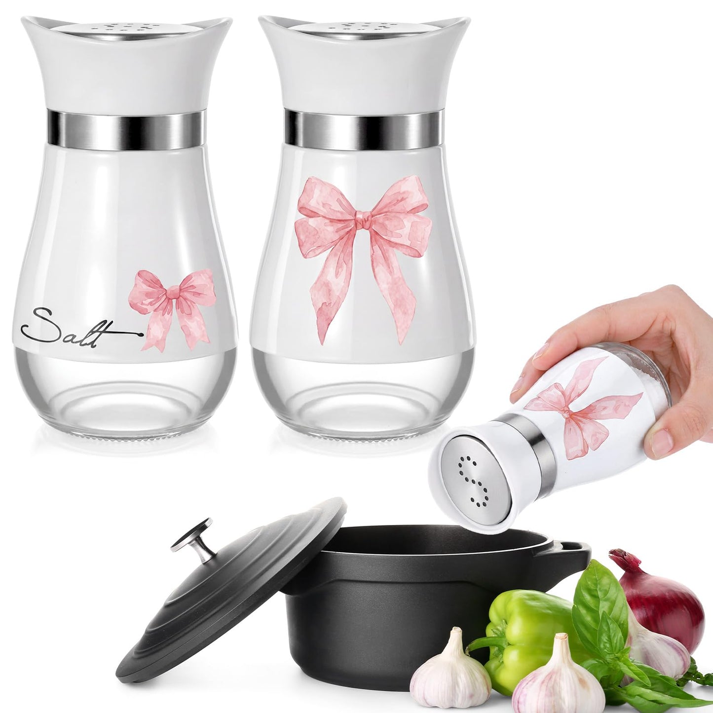 Bokon 2 Pack Pink Bow Salt and Pepper Shakers Set, Coquette Stainless Steel Containers with Glass Bottom for Kitchen Accessories, Home Decorations, Cooking, BBQ, Camp, Beach, Bar, Idea