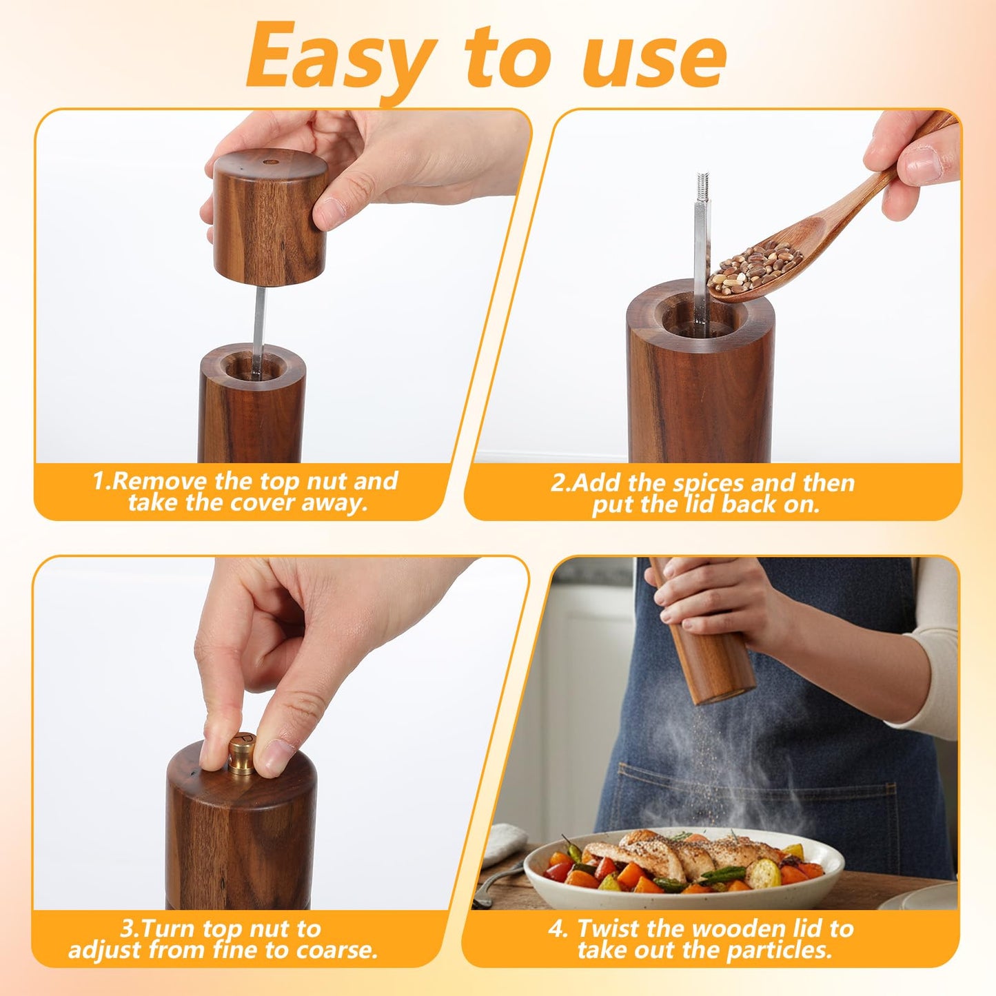 KongTiva 2 Pack Wooden Salt and Pepper Grinder Set, 8 Inch Adjustable Coarseness Manual Salt and Pepper Mill with Brush and Spoon, Acacia Wood Refillable Grinders for Kitchen Home Gift