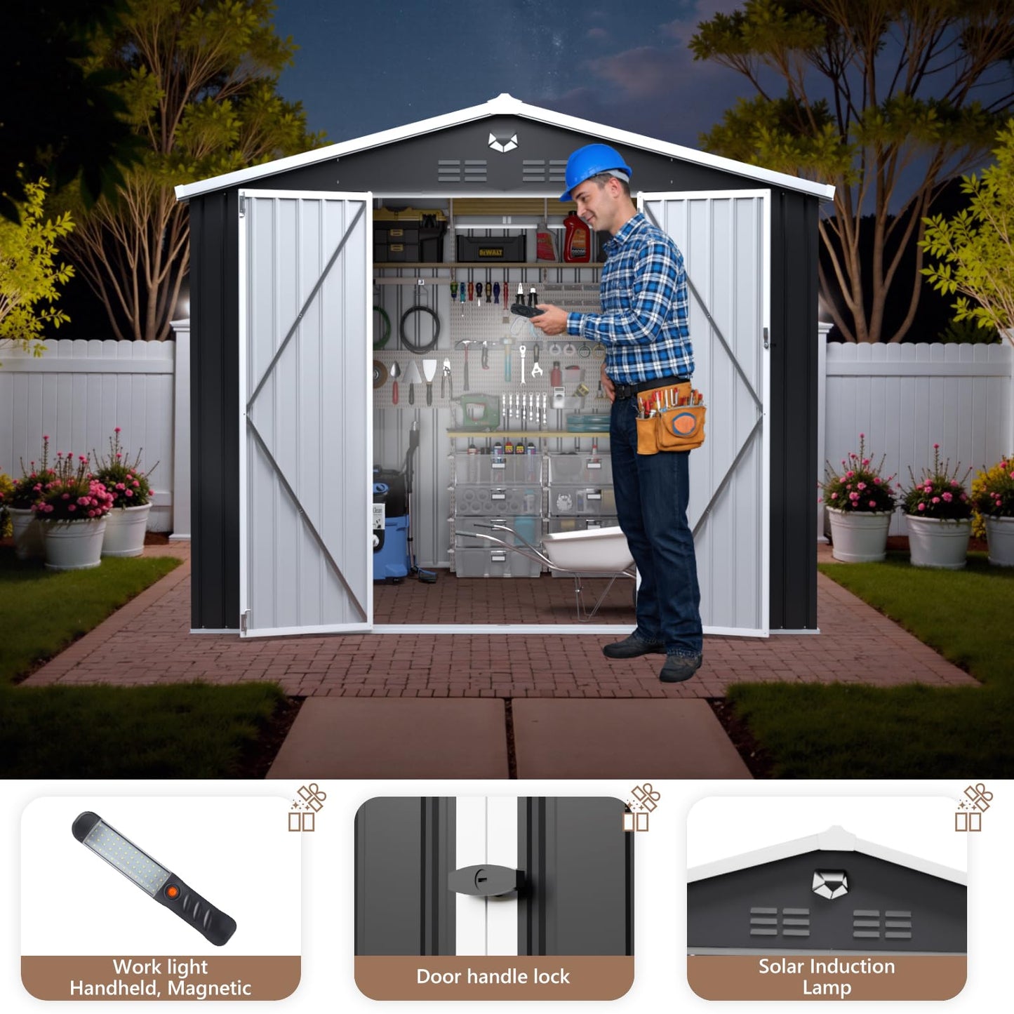 Softkiss 10x8 FT Outdoor Storage Shed, Metal Garden Shed - Tool Storage Sheds with Lockable Doors, Waterproof Outside Storage Building for Backyard, Patio (Black; Floor Not Included)