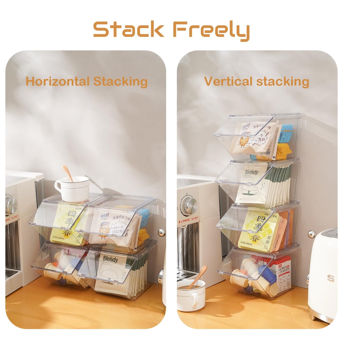 LLGWGL Stackable Tea-Bag Holder Organizer - Box Storage Organizer, Clear Coffee and Tea Organizer for Counter Tops, Kitchen Cabinets, Pantry, 2 Pack