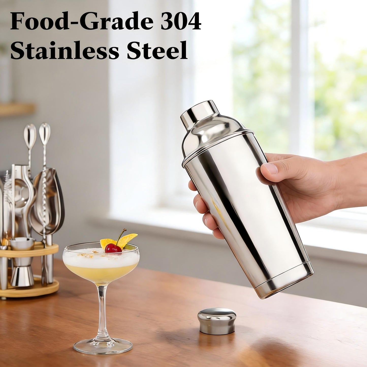 EffiQ-Rate Cocktail Shaker Set, 25-Piece Stainless Steel Bartender Kit with Wood Organizer Stand & Cocktail Recipes, Professional Bar Mixology Tools with All Essential Accessories for Drink Mixing