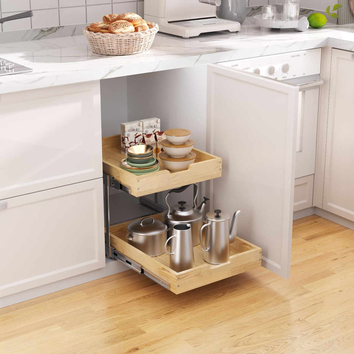 Sikarou Wood Pull Out Cabinet Organizer 2 Tie 23" W x 21" D, Heavy-Duty Sliding Drawers for Inside Cabinets Storage and Organization for Kitchen, Pantry, Bathroom