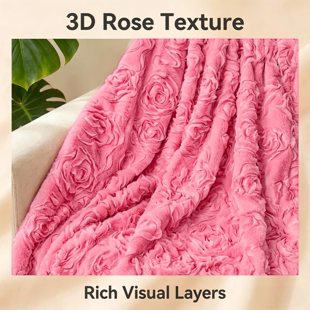 Double-Sided Faux Rabbit Fur Throw Blanket with 3D Rose Embroidery - Ultra Soft, Warm, and Luxurious for Couch, Bed, or Sofa (Pink,Twin (51" x 63"))