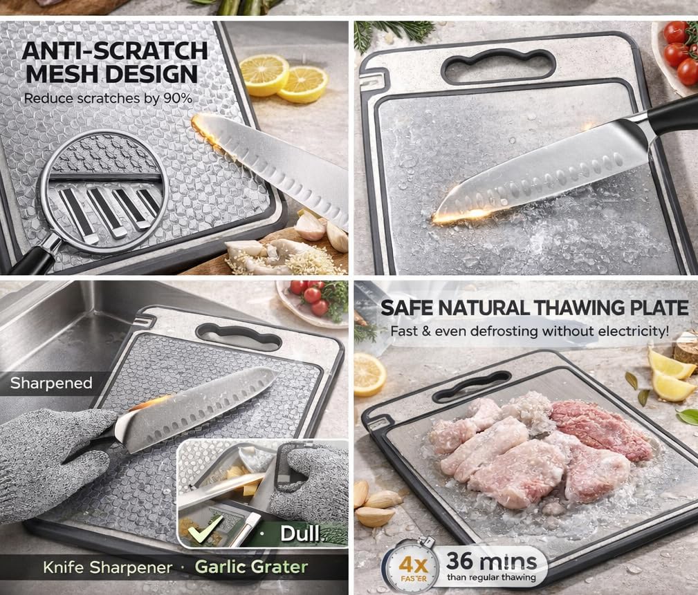SEQ Premium 4-in-1 Stainless Steel Cutting Board with Knife Sharpener, Garlic Grater and Thawing Plate Double-Sided Metal Chopping Board for Meat, Vegetables, Fruits Durable Easy to Clean Kitchen Tool