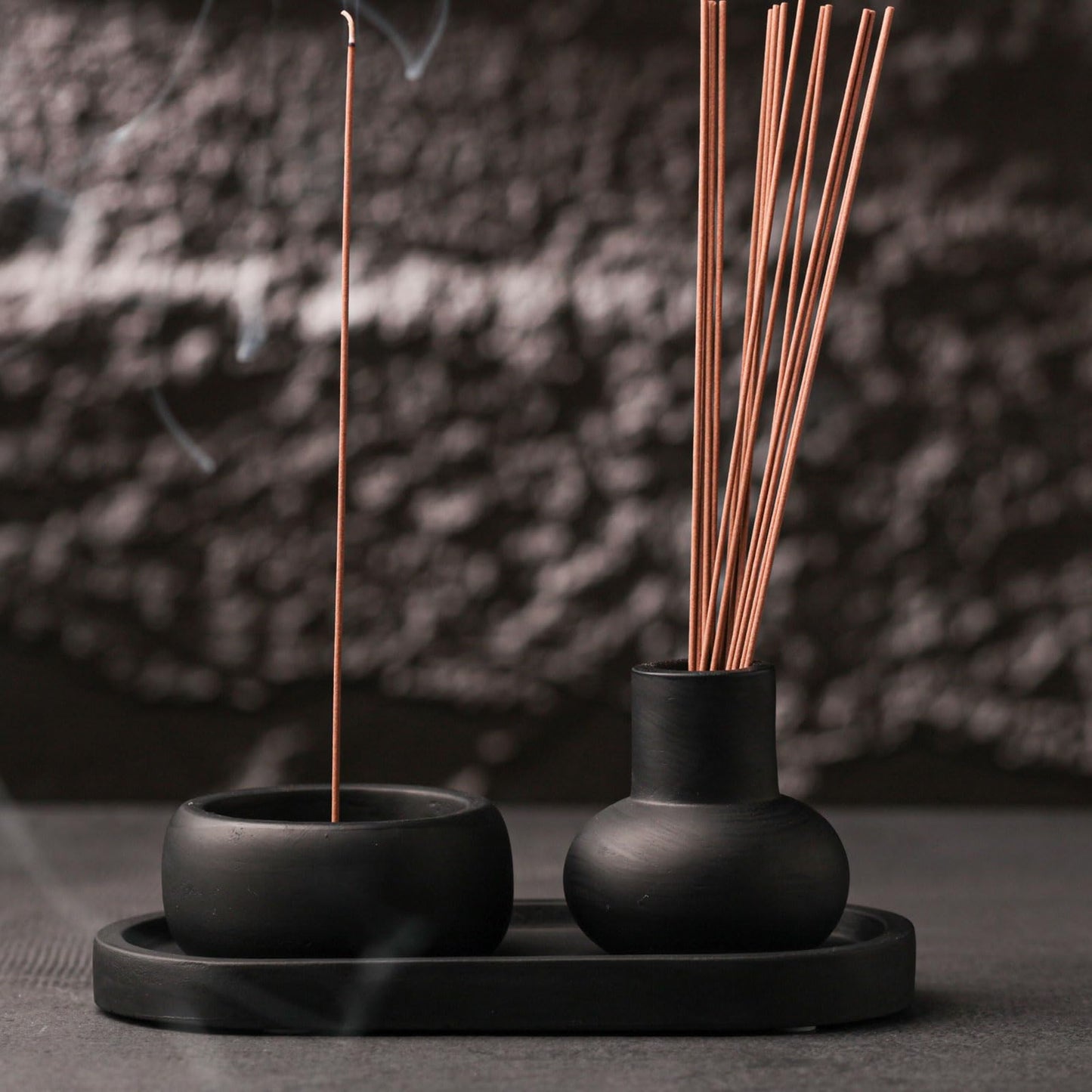 Concrete Incense Burner Set with Holder and Tray,Multifunction Incense Holder for Burning Sage,Palo Santo,Incense Sticks,Ideal for Meditation Home Decor(Black)