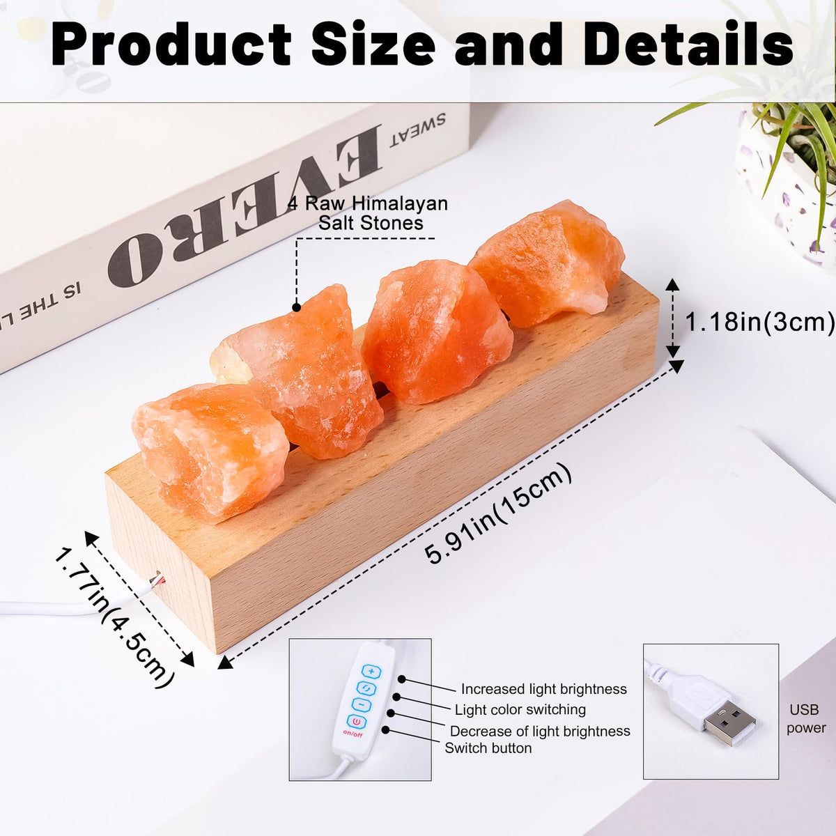 Runyangshi Crystal Night Lamp Natural Healing Himalayan Salt Raw Stone USB Port 3 Colours Dimming Mode Bedroom Lamp Suitable Night Light Ideal Gift