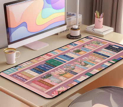Cute Bookshelf Deskmat, Pink Desk Pad Mousepad XXL, Game Pad, Large Office Desk Keyboard Mat, Anti Slip Rubber Base and Sewn Edge Mouse Mat, Beautiful Reading Space Desktop Decor 31.5"X15.7"