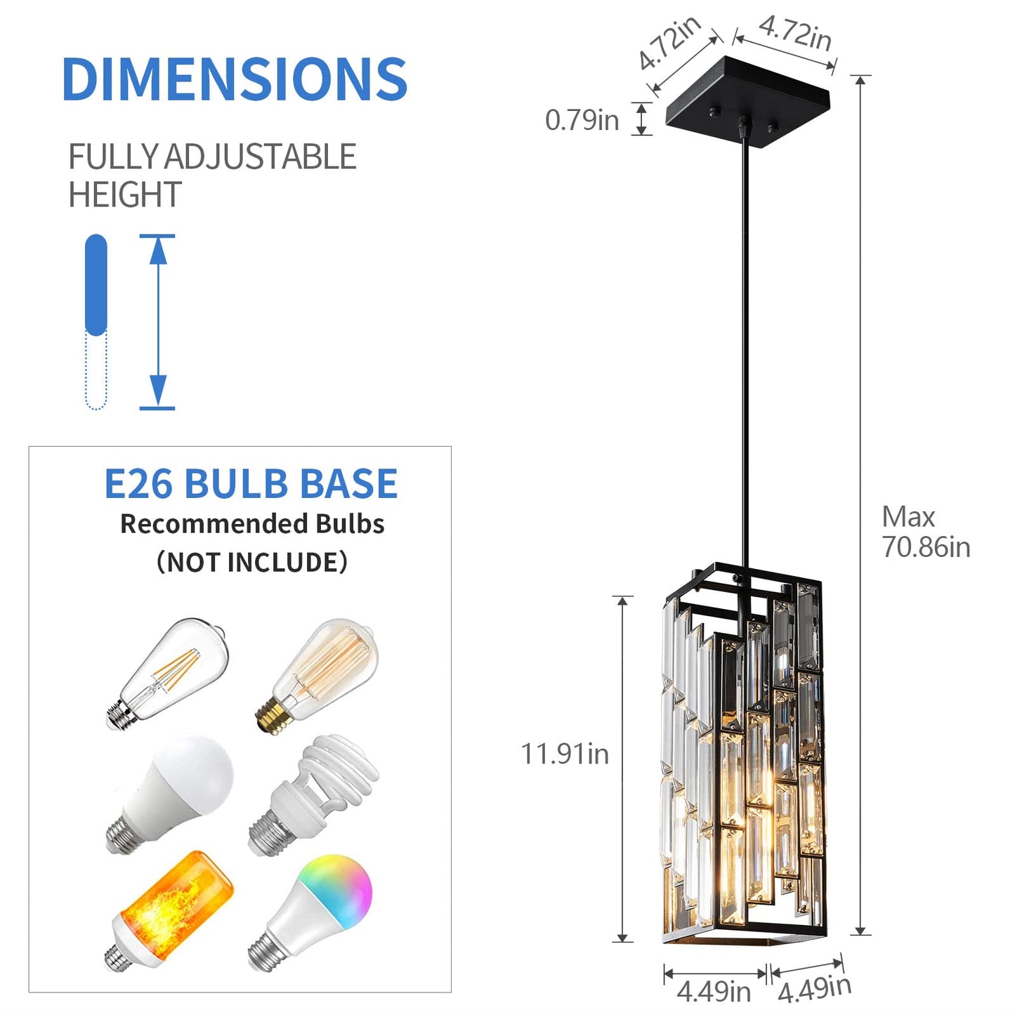 FDPBY Black Pendant Lighting Modern Pendant Light, Mini Crystal Chandeliers,Adjustable Pendant Light Fixture for Kitchen Island Dinning Room Bedroom (2 Pack)