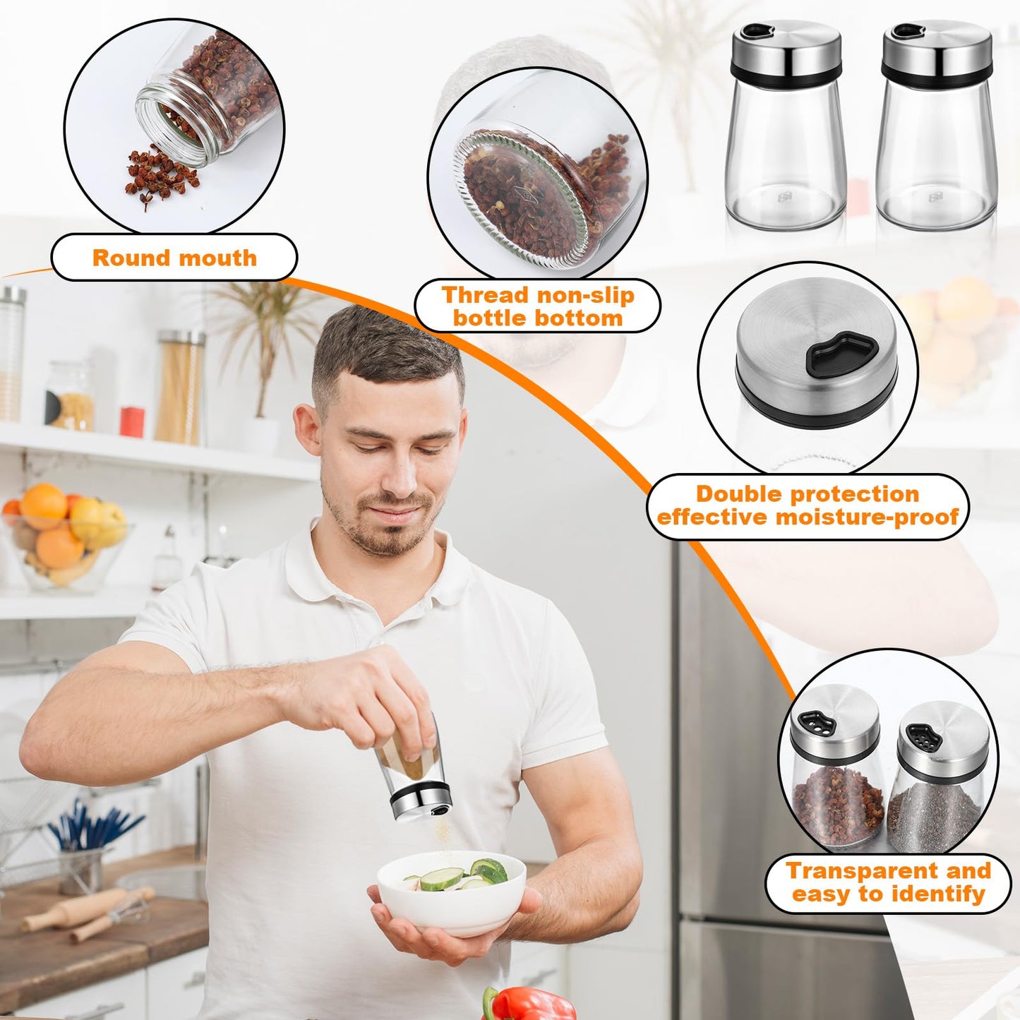 6 Pcs Salt Pepper Shakers Set with Adjustable Pour Holes Stainless Steel Spice Dispenser 6oz Clear Glass Seasoning Containers for Kitchen Restaurant Home BBQ Camping Farmhouse Accessories ﻿