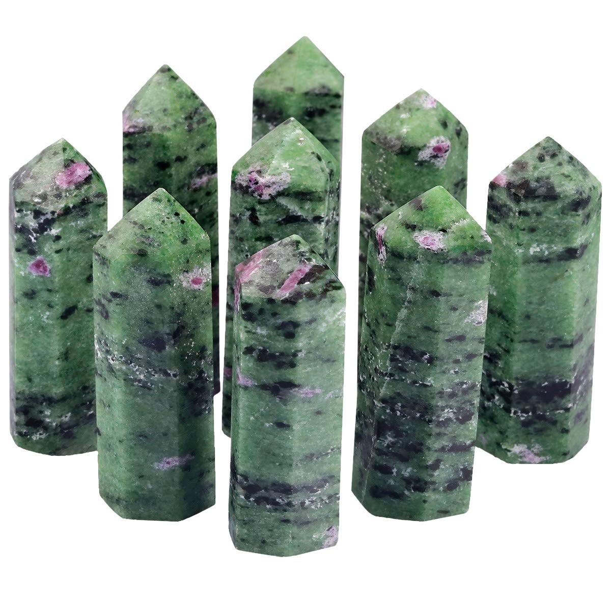 SUNYIK Gemstone Healing Crystal Points Wand, Single Terminated Wand Prism for Meditation, Fluorite Ruby in Fuchsite Rock Quartz Black Obsidian, Pack of 4