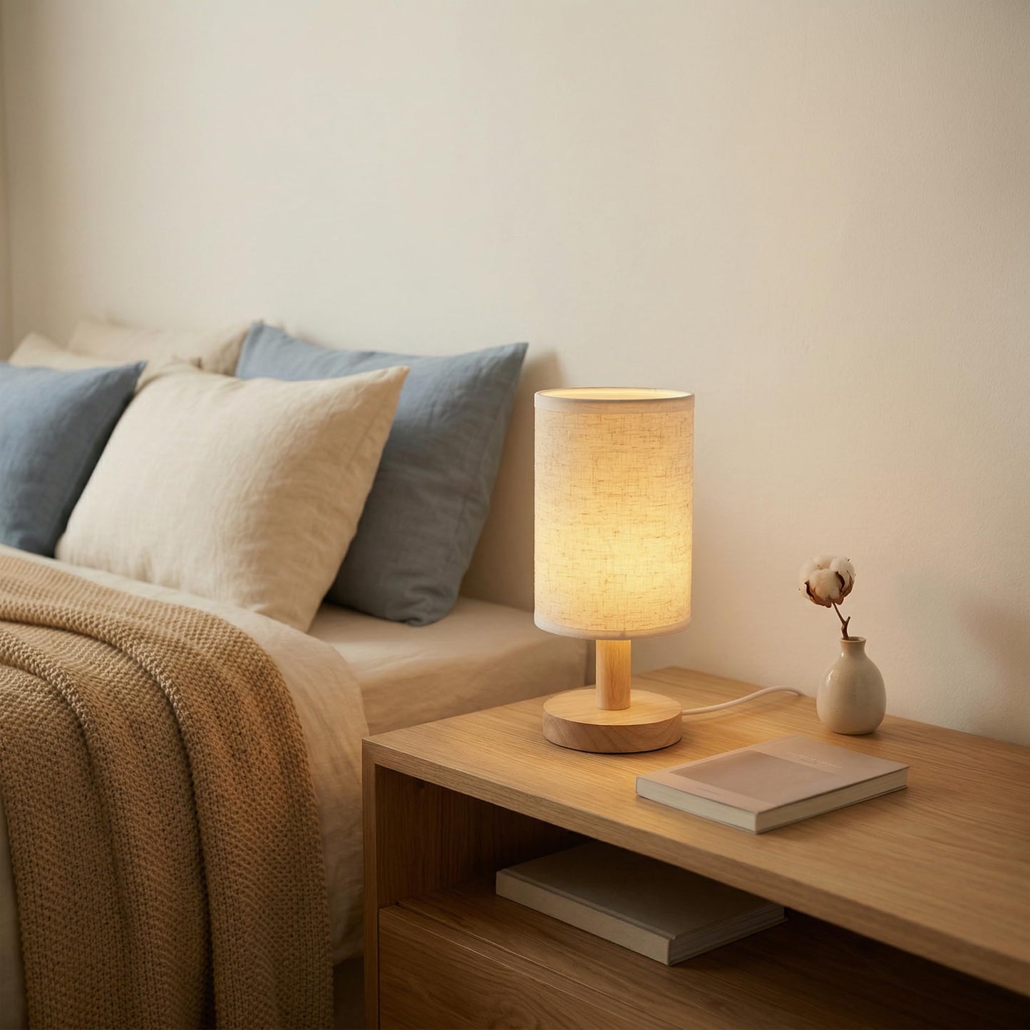 Puzipha Small Bedside Table Lamp with USB Powered, Minimalist Rustic Wood Base &Linen Shade, 2700K Warm Eye-Care Night Light, Farmhouse Boho Nightstand Lamp for Bedroom Dorm Nursery Kids Room Kitchen